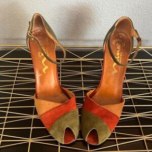 VTG Patchwork Suede Peep Toe Heel Sandals Spain 70s Vibes Green Orange Nina 9N